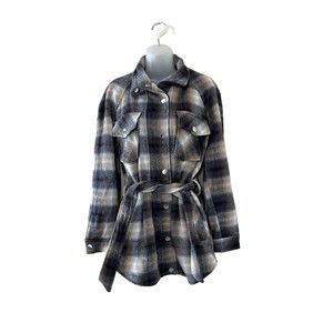 Rachel Zoe Womens Heavy Coat Wool Blend Brown & Gray Plaid W/Belt & Snap Buttons